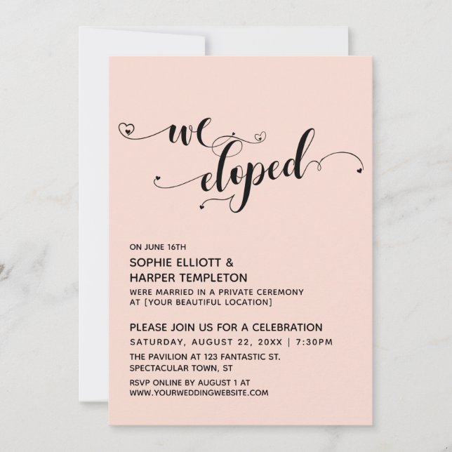 We Eloped Script w/ Hearts Blush Pink Reception Invitation (Front)
