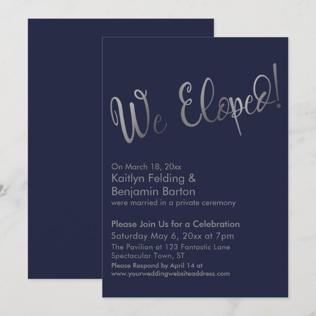 We Eloped! Silver & Navy Post Wedding Celebration Invitation (Front/Back)