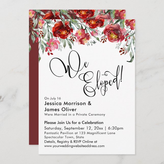We Eloped Typography Burgundy Red Flowers Invitation (Front/Back)