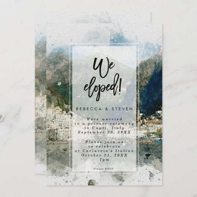 we eloped watercolour italy wedding invitation (Front/Back)