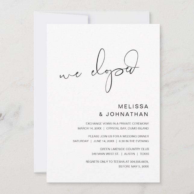 We Eloped, Wedding Elopement Party Invitation (Front)