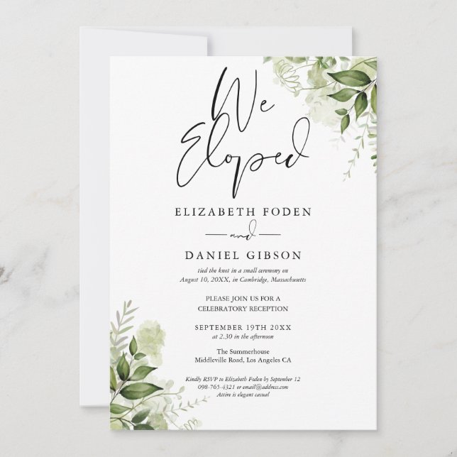 We Eloped Wedding Vows Greenery Floral Party Invitation (Front)