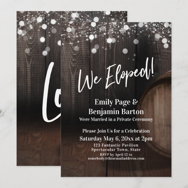 We Eloped! Wood Wine Barrel Lights Reception Invitation (Front/Back)