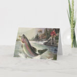 We Fish You A Merry Christmas, Vintage River Trout Holiday Card<br><div class="desc">We fish you a Merry Christmas and a Happy New Year! Easy to customise this Christmas card to personalise with your own holiday message,  or just add your names. 
Vintage illustration sports design featuring a fisherman fishing and catching a rainbow trout fish in a river.</div>
