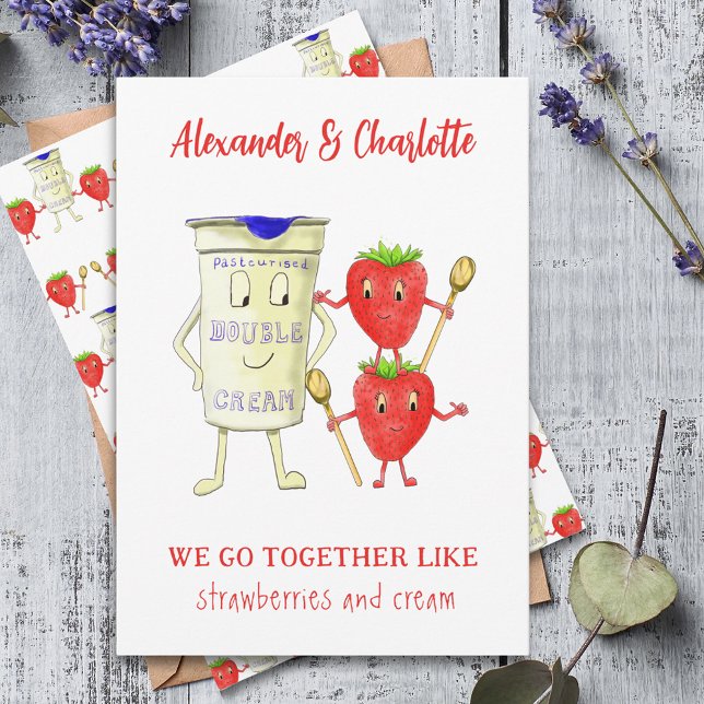 we go together like Strawberries and Cream Quote Holiday Card (We go together like Strawberries & cream cute cartoon couple quote personalized Valentine’s Day card)