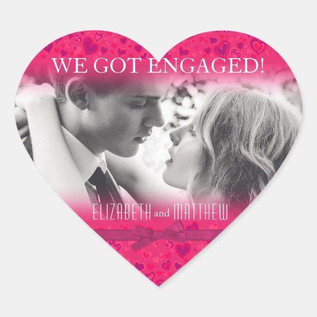 We got engaged pink hearts photo bow engagement heart sticker (Front)