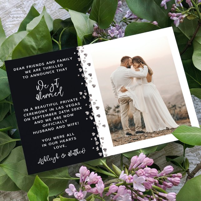 We Got Married Black Silver Heart Photo Invitation (Creator Uploaded)