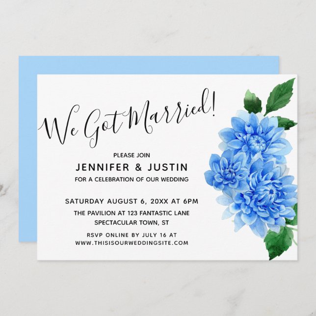We Got Married! Blue Watercolor Dahlia Flowers Invitation (Front/Back)