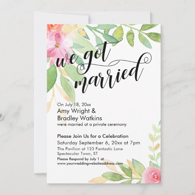 We Got Married Calligraphy Watercolor Flowers Invitation (Front)
