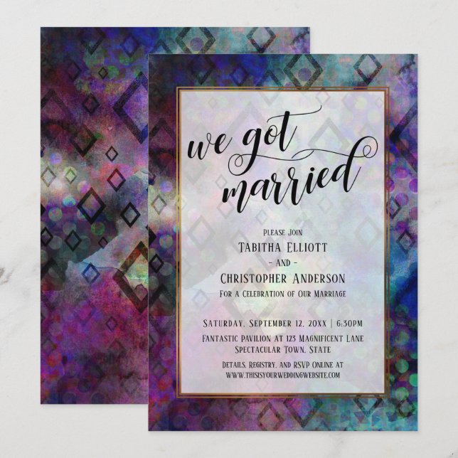 We Got Married Colourful Abstract, Gold Borders Invitation (Front/Back)