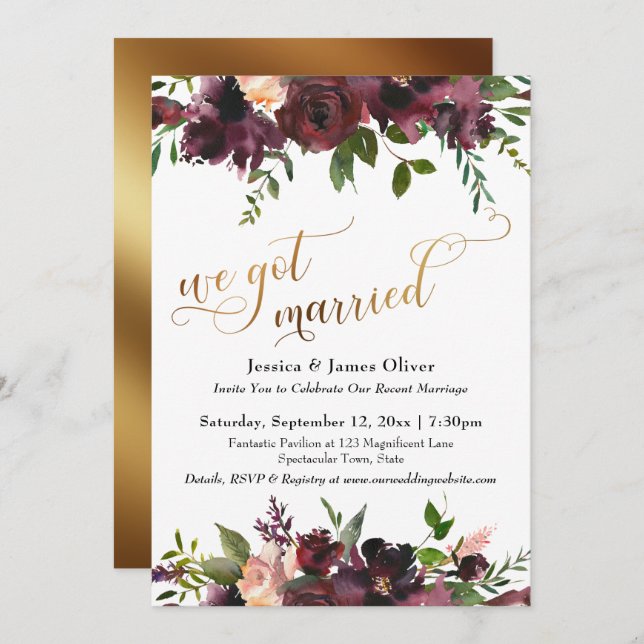 We Got Married Deep Red Burgundy Floral & Gold Invitation (Front/Back)