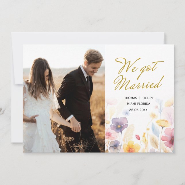 We got married floral wedding announcement card (Front)