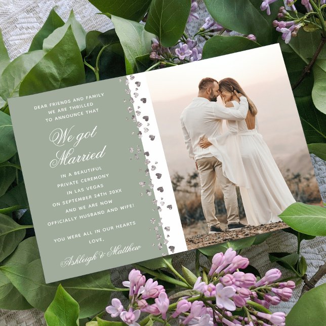 We Got Married Glitter Heart Photo Green White Invitation (Creator Uploaded)