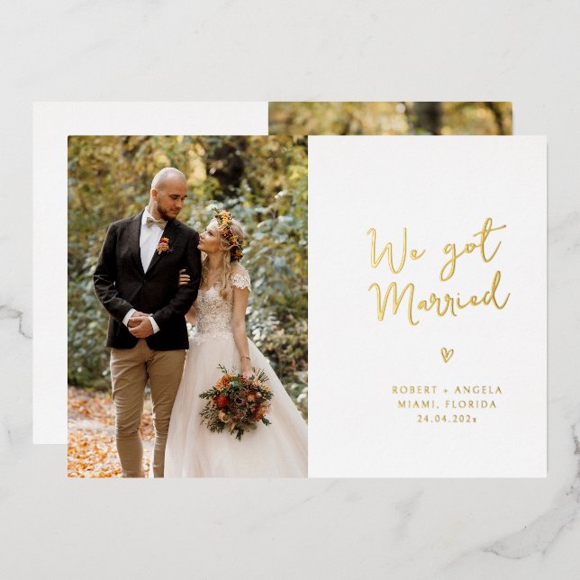 We got married gold script wedding announcement (Front/Back)