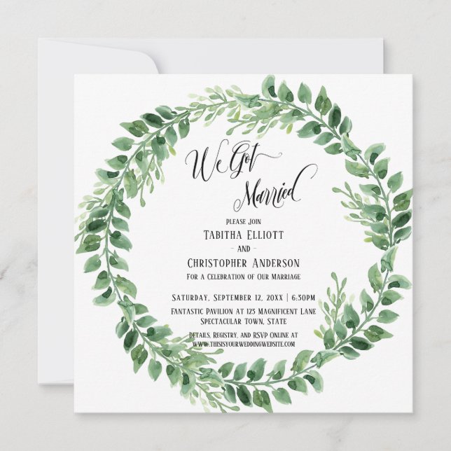 We Got Married Green Wreath Reception-Only Invitation (Front)
