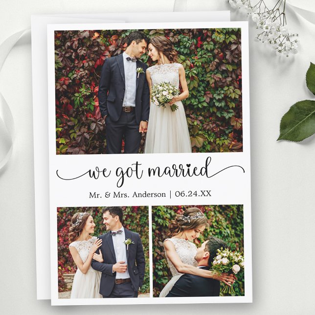 We Got Married Heart Calligraphy 3 Photo Wedding Announcement (Customize to change your personalized text size, text style or to add text to back of card.)