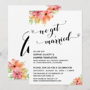 We Got Married Hearts Script Watercolor Florals Invitation