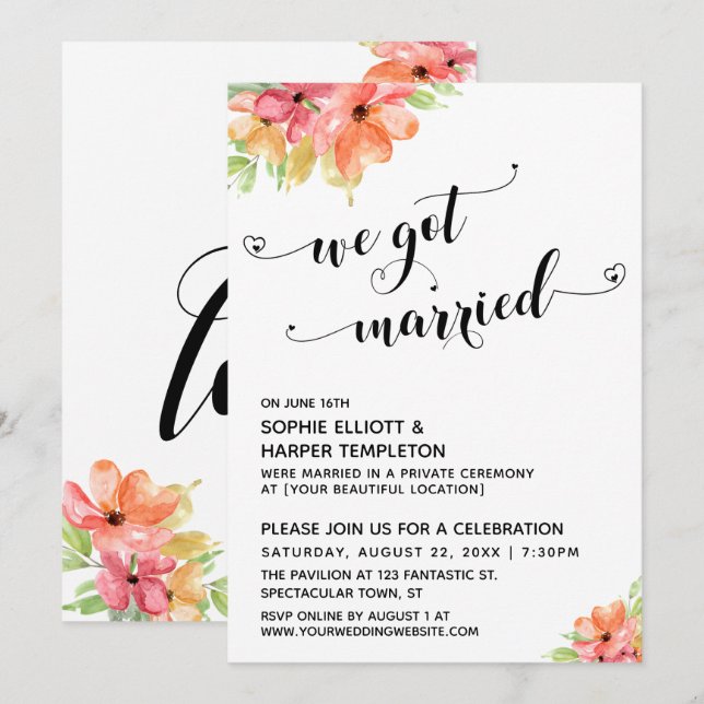 We Got Married Hearts Script Watercolor Florals Invitation (Front/Back)