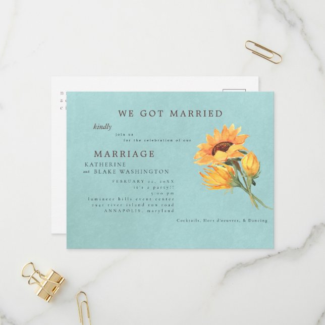 We Got Married It's a Party Turquoise Sunflower Invitation Postcard (Front/Back In Situ)