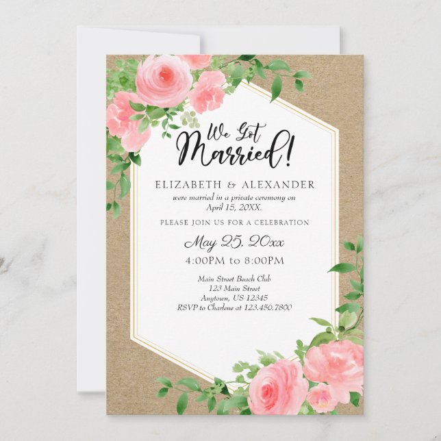 We Got Married Kraft Pink Floral Wedding Elopement Invitation (Front)