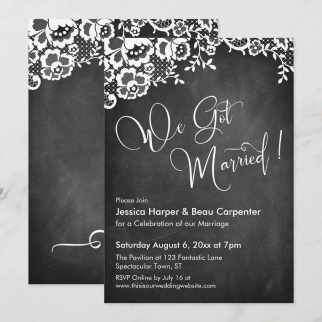 We Got Married Modern Calligraphy Chalkboard, Lace Invitation (Front/Back)