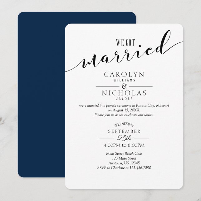 We Got Married Navy Blue White Wedding Party Invitation (Front/Back)