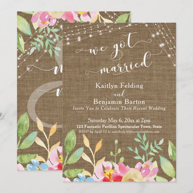 We Got Married on Burlap w/ Flowers & Lights Invitation (Front/Back)
