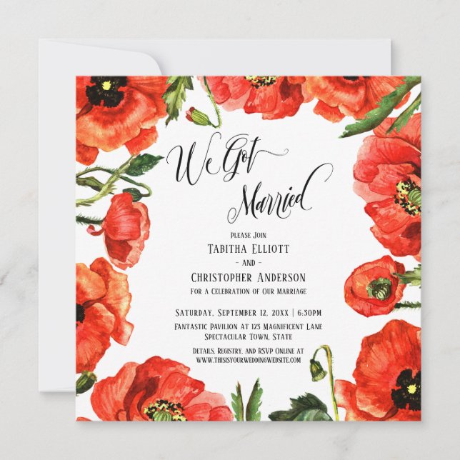 We Got Married Red Poppies Wreath Reception-Only Invitation (Front)