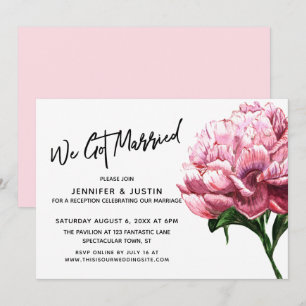 We Got Married Typography, Pink Watercolor Peony Invitation
