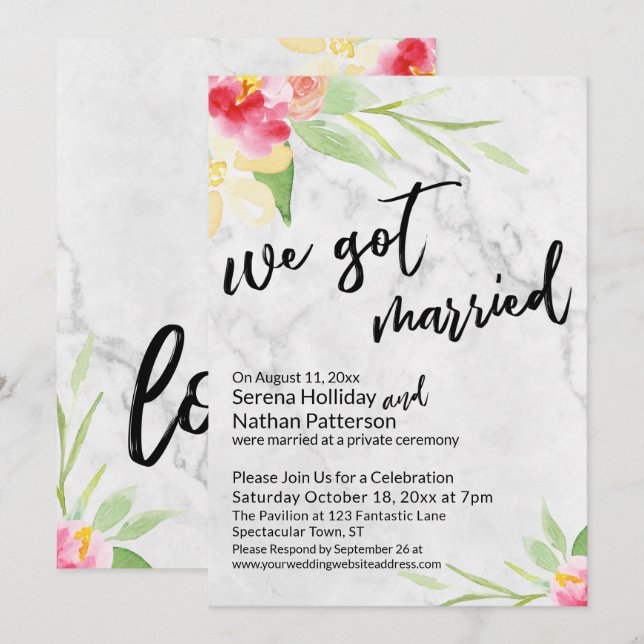 We Got Married Watercolor Flowers & Grey Marble Invitation (Front/Back)