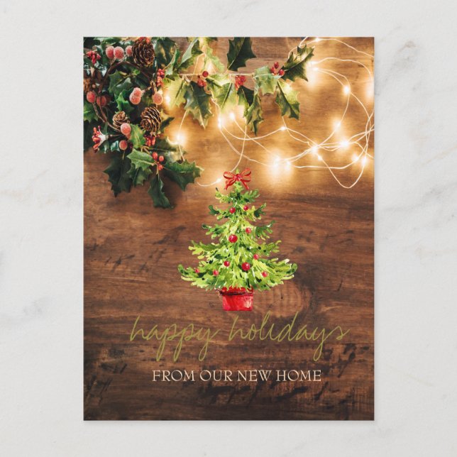 We Have Mistletoe,String Lights,Wood,Pine Tree Announcement Postcard (Front)