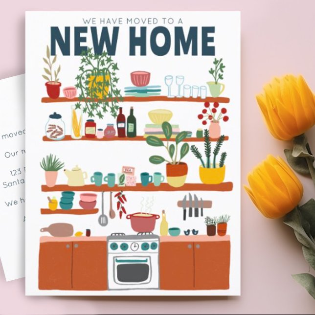 We Have Moved Address Change Cute Kitchen Art Postcard (Moving announcement address change postcard with charming kitchen illustration. Add your own details)