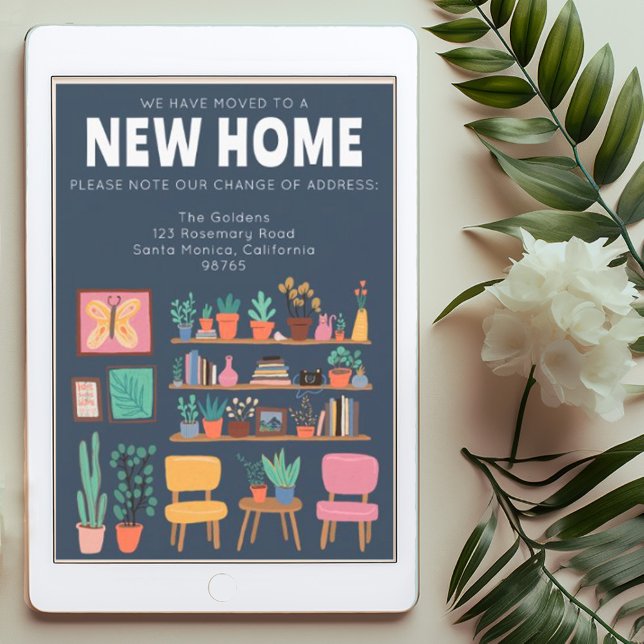 We Have Moved Address Change Cute Livingroom Card (Cute digital download address change moving announcement card with whimsical illustration of home)
