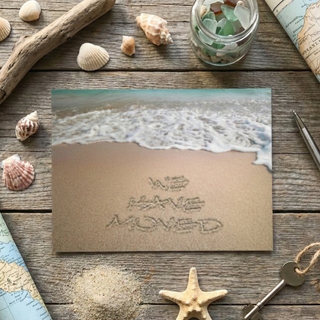 We have Moved Announcement Beach Sand Writing Postcard (Creator Uploaded)