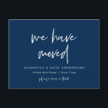 We have moved, Announcement, Modern Navy Blue Postcard<br><div class="desc">Announce and share your happily ever after in style with our modern theme design (we have moved) new home announcement and please keep in touch card. It is ideal for couples who have decided to share their happiness and proudly inform their new home to their valuable family and friends. With...</div>