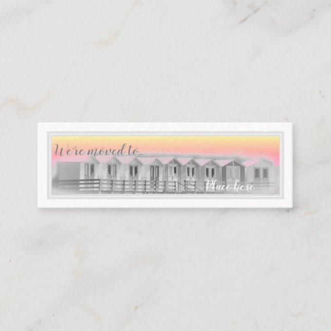 We have moved beach hut, seaside at sunset card (Front)