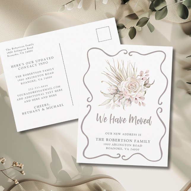 We Have Moved Boho Blush Roses New Address Postcard (We Have Moved Boho Blush Pink Roses and Eucalyptus New Address Postcard)
