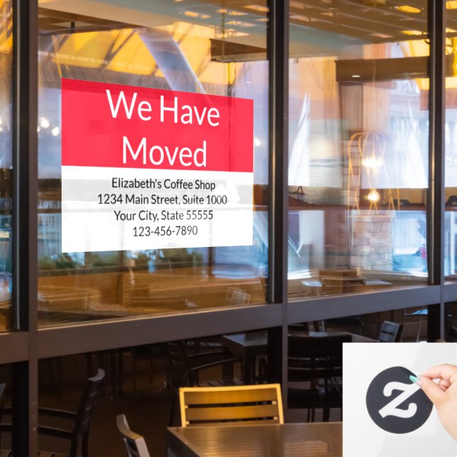 We Have Moved Business Announcement Red and White (Restaurant Window)