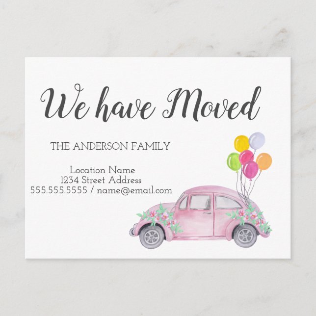 We Have Moved,Car Balloons,New Address Announcement Postcard (Front)