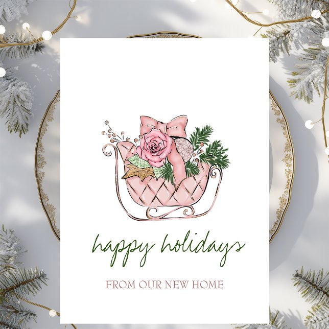 We Have Moved,Chic Pink Sleigh Announcement Postcard (Creator Uploaded)