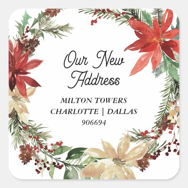 We Have Moved | Christmas Wreath | New Address Square Sticker (Front)