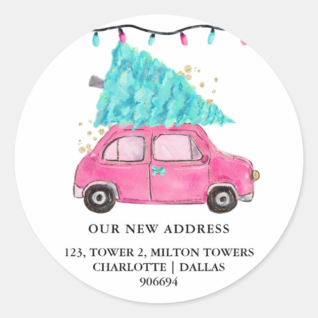 We Have Moved | Cute Pink Car Tree | New Address   Classic Round Sticker (Front)