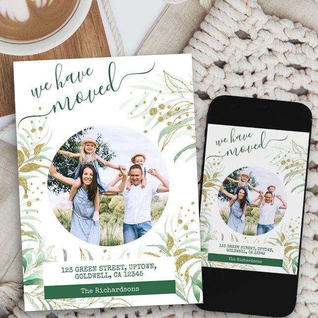 We Have Moved Elegant Gold Green Foliage Moving Announcement (round photo new address card available printed or as printable digital download)