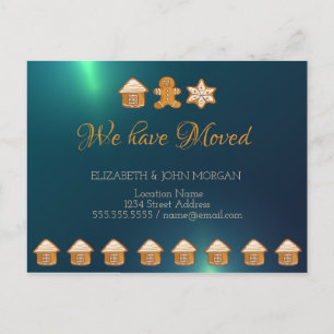 We Have Moved,Gingerbread House,Man,Star, Green Announcement Postcard