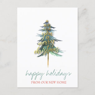 We Have Moved,Gold Christmas Pine Tree Holiday Announcement Postcard