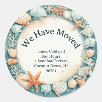We Have Moved New Address Chic Seaside Beach House Classic Round Sticker