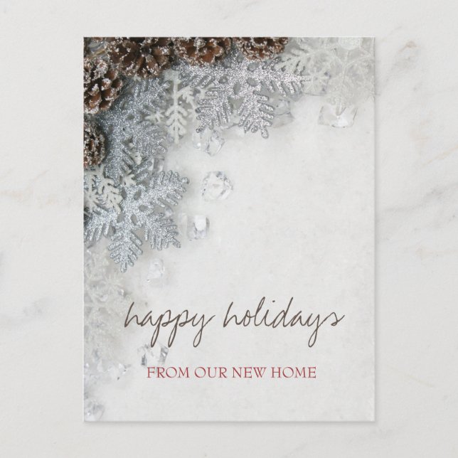 We Have Moved,Pine Cones,Snowflakes Holiday  Announcement Postcard (Front)