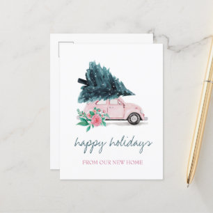 We Have Moved,Pink Car,Christmas Tree Announcement Postcard