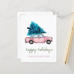 We Have Moved,Pink Car,Pine Tree Holiday  Announcement Postcard