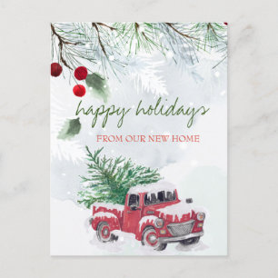 We Have Moved,Red Truck,Pine Tree Branch Snow Announcement Postcard